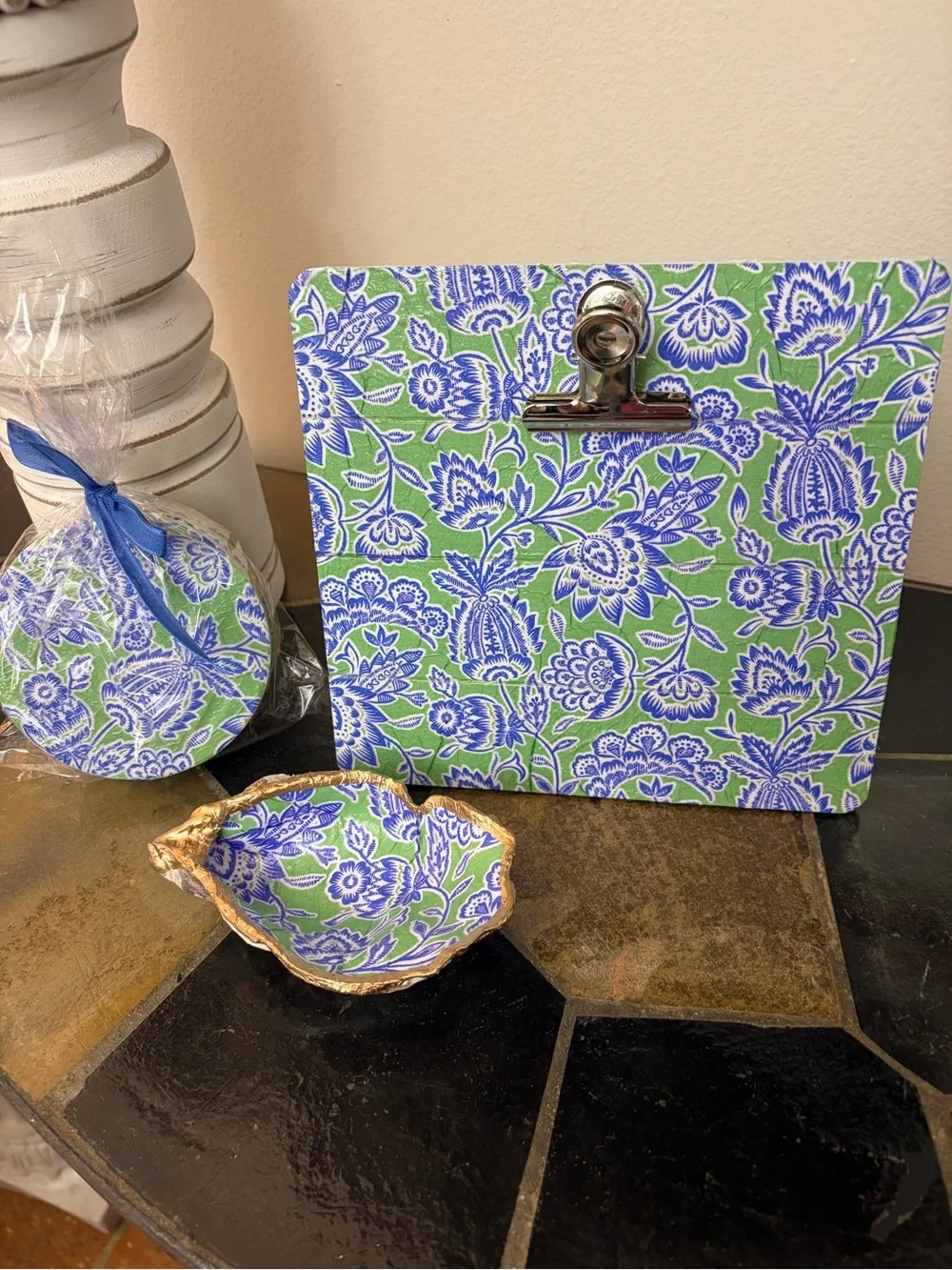 Picture Frame/Note Holder.  Oyster Shell Trinket Dish.  Coaster set.